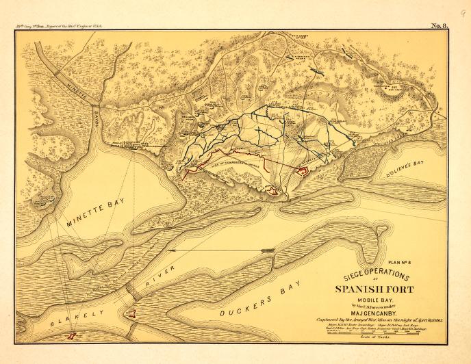 Major M.D. McAlester, U.S. Army, supervised the engraving of this map of Siege Operations at Spanish Fort